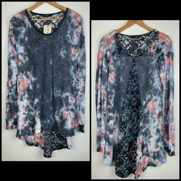 T Party Tie Die High Low Lace Ribbed Thermal Top - Picture 5 of 10